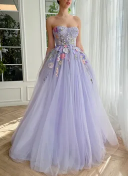 Лавандово-голубые женские платья для выпускного вечера 2023 без рукавов с цветочной наклейкой, тюлевое вечернее платье принцессы длиной до пола на заказ