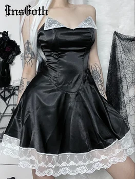 InsGoth Платье без бретелек, Атласный Готический Винтажный корсет трапециевидной формы с кружевной отделкой, вечерние платья на бретельках Y2K, Шикарное Элегантное Черное вечернее платье