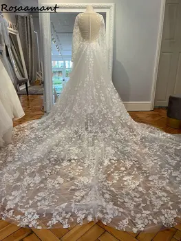 Иллюзия реального изображения Свадебные платья с длинными рукавами, свадебные платья с кружевными аппликациями трапециевидной формы с V-образным вырезом