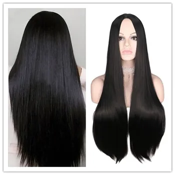 QQXCAIW Длинные прямые парики средней части Черные термостойкие парики из синтетических волос для женщин и девочек на вечеринку