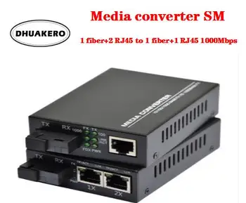 бесплатная доставка AB279 Оптоволоконный Медиаконвертер Приемопередатчик Волокно 10/100 М/1000 М 1 волокно + 2 RJ45 к 1 волокну 1 RJ45