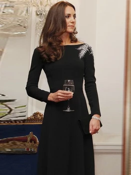 Дизайнер Kate Princess, высококачественная мода, Весна-осень, Новое женское великолепное элегантное черное платье миди с бриллиантами для вечеринок