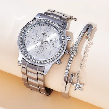 Новые женские часы люксового бренда с бриллиантами из 2 предметов, элегантные женские часы со стразами, золотые часы с 3 глазами, наручные часы для женщин Relogio