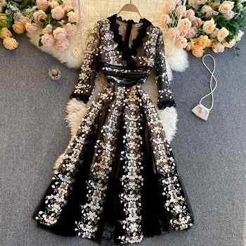 Суперское вечернее платье для вечеринок 2023, Новое женское платье с цветочной вышивкой тяжелой промышленности, с коротким рукавом и высокой талией.