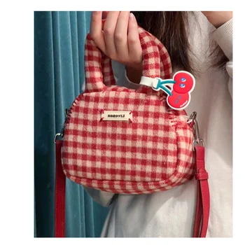 2023 Модная Женская Мягкая плюшевая сумка через плечо Контрастного цвета, Женская клетчатая сумочка, сумки Ретро-дизайна, Женская Маленькая сумка-тоут для покупок