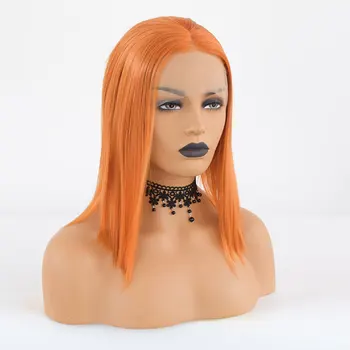 Синтетический парик на кружеве спереди Светло-Оранжевый Короткие Прямые волосы из Термостойкого волокна с естественным пробором посередине для женских париков