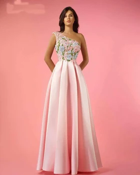 Verngo Вечерние платья с розовой вышивкой и аппликацией на одно плечо, Атласные Длинные Винтажные платья для выпускного вечера, праздничное платье для выпускного вечера