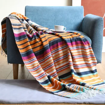 Одеяло в цветную полоску Textile City Bohemia, Удобное Мягкое летнее покрывало для дивана с кисточками, тканый в радужную полоску плед для кемпинга и пикника