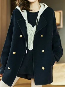 Шерстяное пальто Женское осенне-зимнее из искусственной двойки с капюшоном, двубортная куртка средней длины, свободная женская одежда ZM479