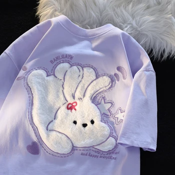 Хлопковая футболка с вышивкой в виде кролика, женская Ins, Новый свободный топ Y2k, уличная одежда с круглым вырезом, женские футболки Kawaii