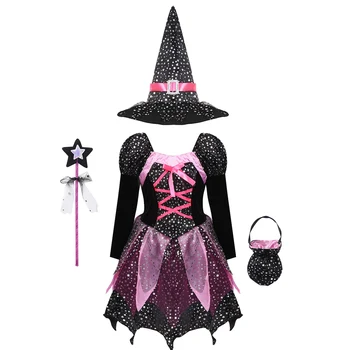 Костюм Ведьмы для девочек на Хэллоуин, Карнавальное платье для косплея с блестящими серебряными звездами и остроконечной шляпой-палочкой, нарядная одежда