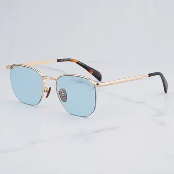 Новое поступление 2023 года, мужские солнцезащитные очки с квадратной золотой линией бровей, дизайн в полурамке с синими линзами, сверхлегкие титановые солнечные очки ручной работы