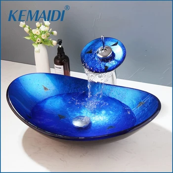 KEMAIDI Туалетный столик для ванной комнаты Синий овальный умывальник из закаленного стекла, чаша, столешница, сосуд, раковины, кран с водопадом, установленный на бортике 