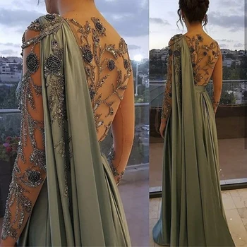 Оливково-зеленое мусульманское вечернее платье Sharon Said Arabic на одно плечо с рукавами-накидками, роскошные женские свадебные платья для вечеринок в Дубае SS434