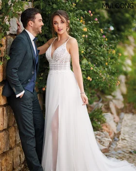 MULOONG Элегантное Белое Свадебное платье на бретельках с V-образным вырезом, без рукавов, с кружевными аппликациями, с открытой спиной, с высоким разрезом, длиной до пола, Новое