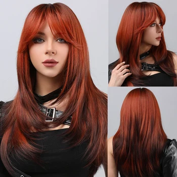 Длинные прямые волосы оранжевого цвета с челкой, многослойные Оранжево-красные, натуральные, термостойкие, для ежедневных игр и вечеринок, подходящие для модных женщин