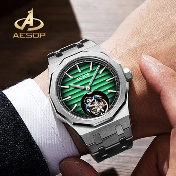 AESOP Зеленый циферблат Flying Tourbillon Мужские механические часы из нержавеющей стали 316L Часы с сапфировым стеклом Водонепроницаемые часы