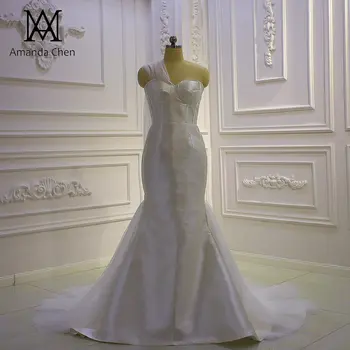 vestido noiva civil, простое атласное свадебное платье русалки на одно плечо