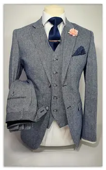 Серый Мужской костюм с вырезом на лацкане и двумя пуговицами Custome Homme Fashion Terno Masculino Slim Fit Blazer (Пиджак + Брюки + Жилет + Галстук + Носовые платки)
