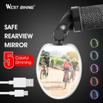 WEST BIKING Велосипедное зеркало заднего вида со светодиодной подсветкой, перезаряжаемое через USB Зеркало на руле, Регулируемое на 360 градусов Зеркало заднего вида