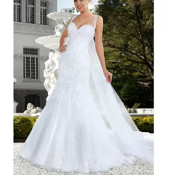 Белое тюлевое Платье Новиа Кортос 2023 С V-образным вырезом и аппликацией на спине, расшитое бисером, Русалка, vestido noiva, большие размеры