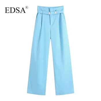 EDSA Женские Модные Синие Льняные Брюки с Поясом для Офисных Леди, Широкие Прямые Длинные Брюки, Уличная одежда