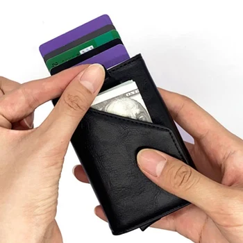Автоматические всплывающие держатели удостоверений личности из алюминиевого сплава, кожаный мини-кошелек с RFID-блокировкой, кошельки для монет, футляр для кредитных банковских карт.