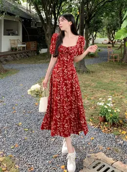 Стильное французское ретро-платье с разрезом на стороне красного цветка для вечеринки с темпераментом