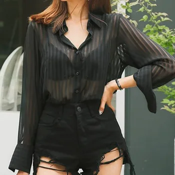 Новая Черная шифоновая рубашка Lady OL в полоску, Сексуальная Прозрачная женская повседневная Элегантная офисная блузка с длинным рукавом DW660