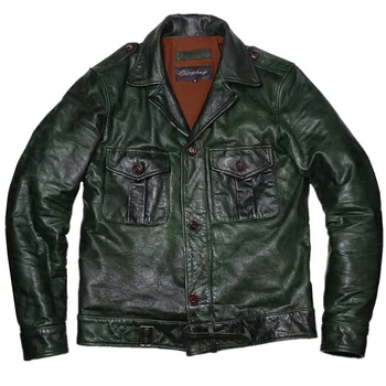 высококачественная новая роскошная куртка из натуральной зеленой конской кожи 2023 года выпуска P37 в стиле милитари.тонкое мужское пальто из натуральной кожи.оптовые продажи.качественная кожа