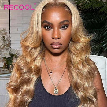 Парик Recool Body Wave 5 × 5 13 × 4 Парик на кружеве Медовый Блонд # 27 Цветные парики для женщин 200% плотности с волосами младенца