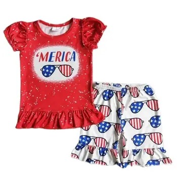 4 Июля Летняя одежда для маленьких девочек, красный топ, детские очки, шорты со звездами, Оптовая продажа, комплект одежды для новорожденных, комплект для малышей, комплект для независимости