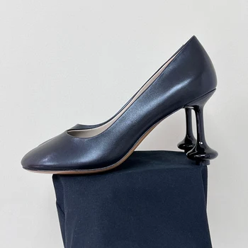 2023 Летняя Новая Женская обувь Из Натуральной Кожи С Мелким Носком, Универсальная Обувь На Высоком Каблуке С Круглым Носком, Модная Обувь На Тонком Каблуке-Вазе