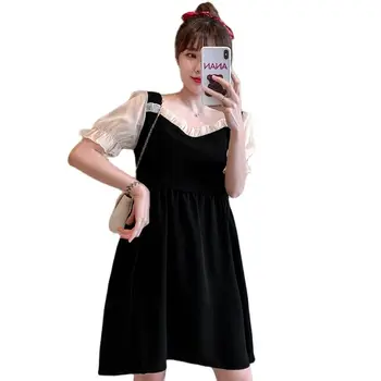 Летнее платье для беременных в корейском стиле с оборками, Короткий рукав, Черное Лоскутное Шифоновое платье для беременных, большие размеры, Свободная одежда