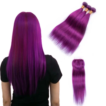 Сапфировый 2023 Фиолетовый Цвет, прямые пучки с застежкой 4X4, Кружевная застежка с 3/4 пучками, Бразильское плетение из волос Remy для женщин