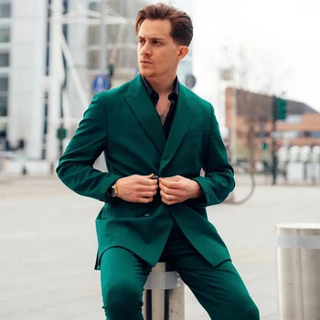 Двубортные зеленые мужские костюмы, Костюм Homme, Классический пиджак с отворотом, Брюки, деловые свадебные костюмы для женихов, приталенные мужские смокинги