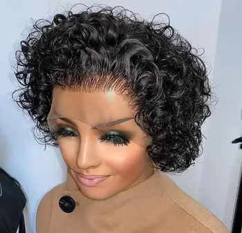 Melodie Короткий кудрявый парик в стиле Пикси для чернокожих женщин, прозрачный кружевной парик с глубокими волнами 13x2 См, предварительно выщипанный из волос Remy