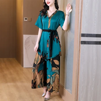 Женское платье-кардиган с коротким рукавом в цветочек + широкие брюки, комплекты из двух предметов 2023, Корейская мода, Элегантные роскошные комплекты из двух частей