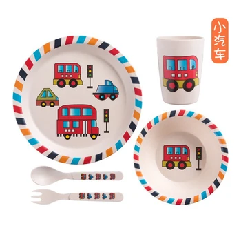 5 шт. набор посуды из бамбукового волокна для детей, разделенная тарелка, миска, детская столовая Чашка, ложка, вилка, Экологичная посуда для кормления
