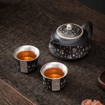 Чайный сервиз из позолоченного серебра, бытовой небольшой набор, один чайник, две чашки, чайник с фиолетовым песком Baifu, Офисная простая чайная чашка из чистого серебра