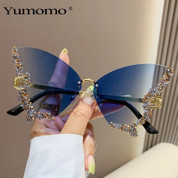 Роскошные солнцезащитные очки с бриллиантовой бабочкой, Женский бренд y2k, Винтажные солнцезащитные очки без оправы, Женские очки gafas de sol