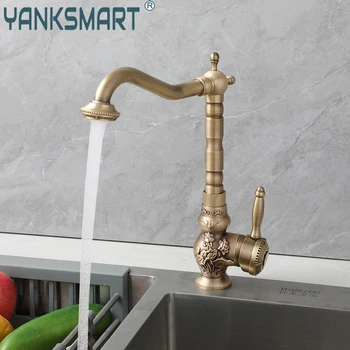 Смеситель для ванной комнаты YANKSMART из античной латуни, установленный на бортике, смеситель для раковины, смеситель для воды с одной ручкой, Резные краны для воды