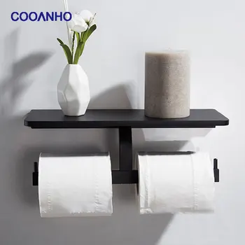 Держатель туалетной бумаги COOANHO - держатель рулона туалетной бумаги с двойной головкой и настенной полкой для ванной комнаты (черный)