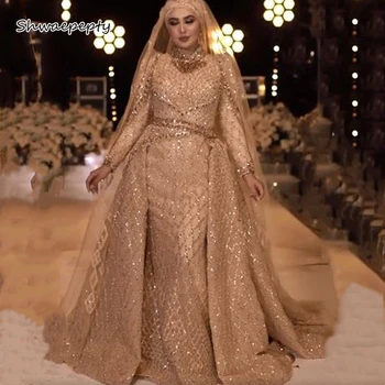 Блестящее Саудовское Арабское мусульманское роскошное свадебное платье, Длинные свадебные платья с золотистыми блестками цвета Шампанского и съемным шлейфом, украшенные кристаллами из бисера