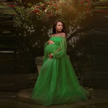 Шикарные платья для беременных из зеленого тюля с эластичным вырезом и длинными рукавами, прозрачные, большие размеры, платья для беременных на заказ