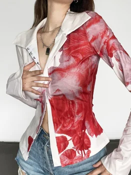 Женская блузка Harajuku нерегулярной формы 2023, Модная элегантная рубашка с принтом Tie Dye, повседневный отложной воротник, кардиган с разрезом, топ с длинным рукавом