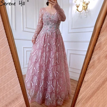 Serene Hill Мусульманские розовые роскошные вечерние платья 2023 трапециевидной формы с длинными рукавами из бисера для женщин, вечеринка LA71311