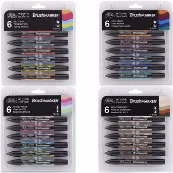 Набор кистей Winsor & Newton Brushmarker 6 цветов 12 цветов Мягкая кисть с двойным наконечником, Маркеры для рисования, ручки для рисования на спиртовой основе