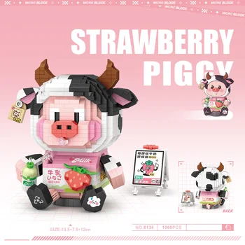Забавное МУЛЬТЯШНОЕ Изображение Свиньи Микро-алмазный строительный блок Strawberry Milk Piggy Nanobricks Развивающие Игрушки для детей Подарки