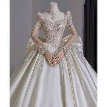Изысканные свадебные платья с бантом, длинный рукав, атласные блестки, хрустальная принцесса, квадратный воротник, винтажные свадебные платья высокого класса